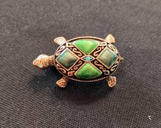 Vintage Turtle Brooch with Green Enamel and Rhinestones