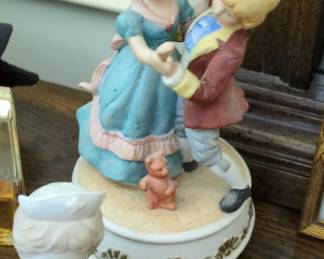 Vintage Maruho Japan Rotating Ballerina and Gentleman Porcelain Music Box Figurine with Teddy Bear