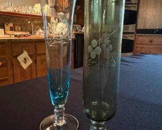 Set of Two Etched Glass Vases Aqua Blue and Green