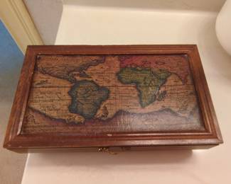 Vintage Wooden Jewelry Box with World Map Design  Likely Polish Handmade