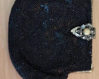 Antique Black Beaded Evening Handbag with Ornate Clasp
