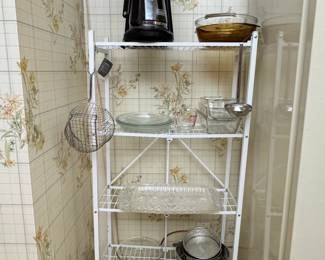 Mr. Coffee Cup Coffee Maker and Assorted Kitchenware on White Tier Wire Shelving Unit