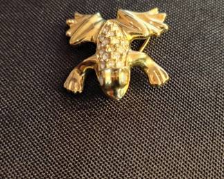 GoldTone Frog Brooch with Rhinestones, possibly Swarovski