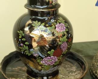 Vintage Interpur Black Porcelain Ginger Jar with Peacock and Floral Motif