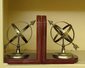 Brass Armillary Sphere Bookends with Red Lacquered Wood Base