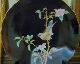 Yamaji HandPainted Black Lacquer Plate with Bird and Floral Motif