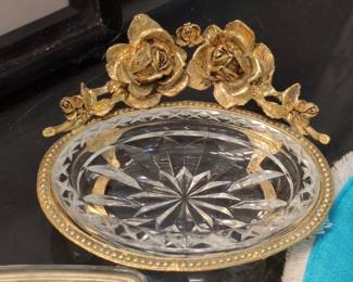 Vintage Matson Crystal and Gilt Metal Rose Trinket Dish