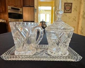 Cut Crystal Creamer, Sugar Bowl with Lid, and Tray Set  Pinwheel Pattern