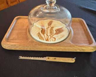 Vintage Wheat Design Cheese Board with Glass Dome and Knife