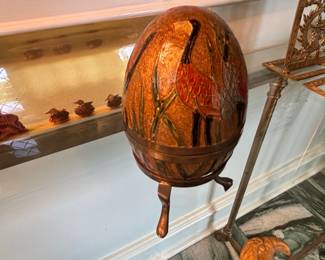 Vintage Cloisonn Enamel Brass Egg Trinket Box with Cranes and Reeds second image