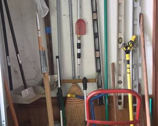 Assorted Garden and Cleaning Tools with Tool Rack