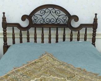 Vintage Wooden Headboard with Wrought Iron Insert