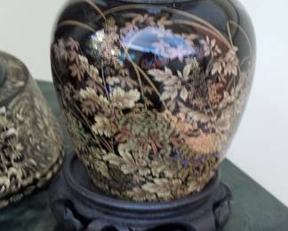 Shibata Japan Black Porcelain Ginger Jar with Floral Motif