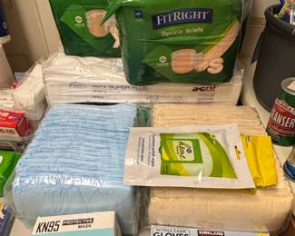 Assorted Incontinence Products, Protective Masks, and Gloves