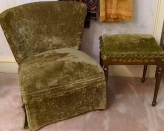 Vintage Velvet Armchair and Ottoman Set