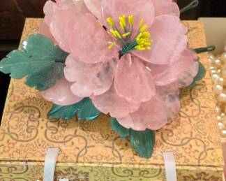 Rose Quartz and Jade Carved Flower Ornament on Decorative Box