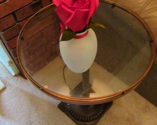 Vintage Oval Glass Top Side Table with Ornate Metal Base