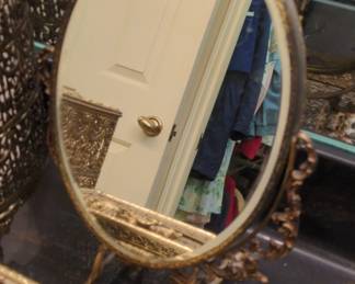 Ornate Gilt Brass Rococo Revival Tabletop Vanity Mirror