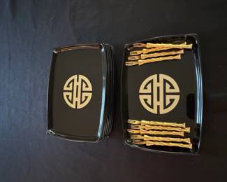 Vintage Bamboo Cocktail Forks and Black Serving Trays with Shou Symbol Set Set of  third image
