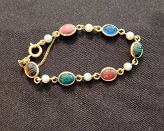 Vintage K Gold Filled Scarab and Pearl Bracelet