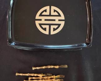 Vintage Bamboo Cocktail Forks and Black Serving Trays with Shou Symbol Set Set of 