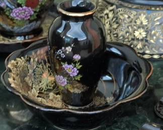 Japanese Black Lacquer Vase with Floral Motif