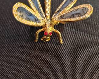Enamel and Rhinestone Dragonfly Brooch with Moving Wings