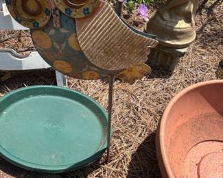 Whimsical Metal Owl Garden Stake with Flower Accents and Bird Bath Dish
