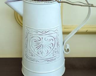 White Embossed Metal Pitcher with Heart and Vine Design
