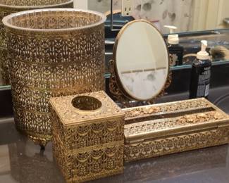 Vintage Ornate Filigree Bathroom Set Wastebasket, Tissue Box, Tray  Hollywood Regency Style