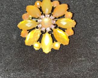 Floral Brooch with Amber and Pink Rhinestones