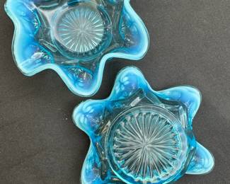 Blue Opalescent Pressed Glass Candy Bowls Set of 