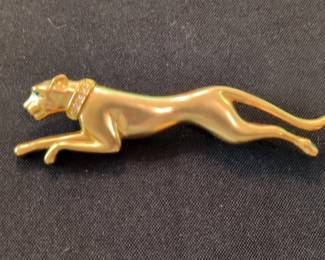 Jackie Collins JC Gold Tone Panther Brooch with Green Eyes and Rhinestone Collar