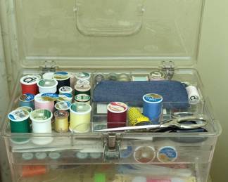 Clear Plastic Sewing and Craft Organizer Box with Assorted Threads and Notions