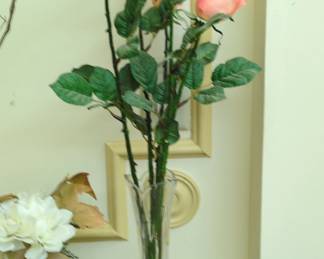 Artificial Peach Roses in Fluted Glass Vase