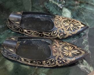 Ornate Carved Brass Slipper Ashtrays Pair