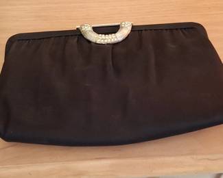 Vintage Black Satin Evening Clutch with Rhinestone Clasp