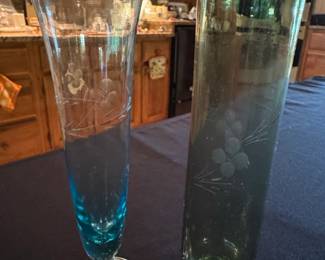Set of Two Etched Glass Vases Aqua Blue and Green second image