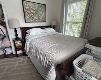Queen size sleigh bed (not mattress) also side tables and lamps 