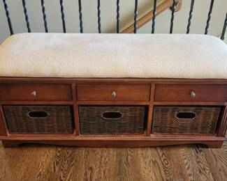 PRESALE - $100 STORAGE BENCH 33W" X 10 1/2"D X 30"H) DRAWERS FOR HATS AND GLOVES, BASKETS FOR SHOES OR USE HOW BEST SUITS YOUR NEEDS. SIMILAR WITH LESS FEATURES SELL FOR OVER $200