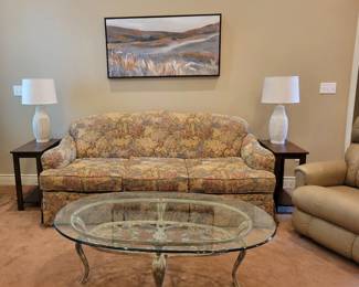 PRESALE -$200 STUNNING QUALITY LIKE NEW FLORAL NORWALK SOFA(82"W X 39"D X 37"H) LIKE...SPACE SAVING END TABLES $30 EACH(24"H X 24"D X 12"W), BEAUTIFUL SOLID GLASS TOP TABLE ORNATE SOLID METAL BASE WITH SHELF FOR BOOKS ETC(30"D X 