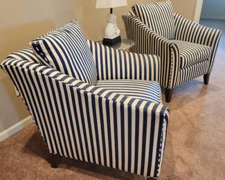 PRESALE - $250 EACH - STUNNING LIKE NEW ETHAN ALLEN BLUE STRIPPED CLUB CHAIRS....GREAT FOR LAKE LIVING AS WELL!
