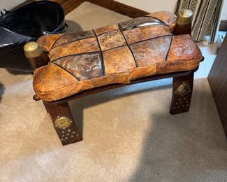 Vtg MCM Style Camel Stitching Leather Wood Saddle Foot Stool