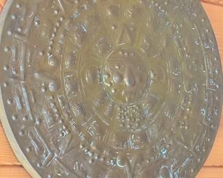 Aztec Calendar Sun God Art Hammered Brass 7 3/4" Wall Plaque 1982 Mexico
