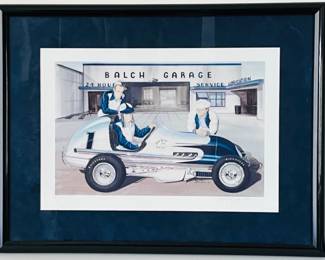 BALCH GARAGE, LOS ANGELES, DANNY OAKES, DRIVER FRAMED LIMITED EDITION PRINT 4/25 2E 1994 ARTIST DALE FRYE 19" X 25"