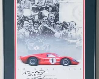 SPRAY IT AGAIN DAN 24 HURS OF LE MANS 1967 VICTORY, DAN GURNEY / A.J. FOYT FORD MARK IV FRAMED POSTER SIGNED BY DAN GURNEY 22"X16.5"