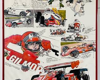 AUTOMOTIVE SERVICE TOLLS BY CHICAGO PNEUMATIC A.J. FOYT # 14 GILMORE FRAMED CAR POSTER 1975 ARTIST KEN DALLISON 27"X21"