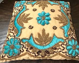 Embellished Decorative Pillow Cover with Turquoise Velvet Applique and Beading