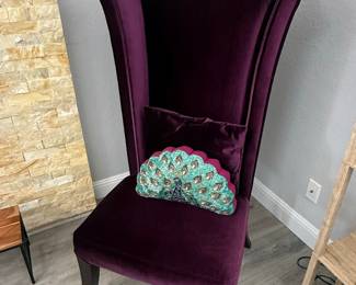 Armen Living Mad Hatter Purple Velvet High-Back Chair with Peacock Pillow