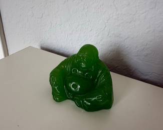Vintage Green Glass Laughing Buddha Figurine